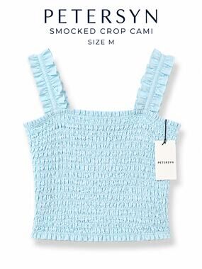 Petersyn Revolve Smocked Crop Camisole Top Aqua Ruffle Strap NWT Size M